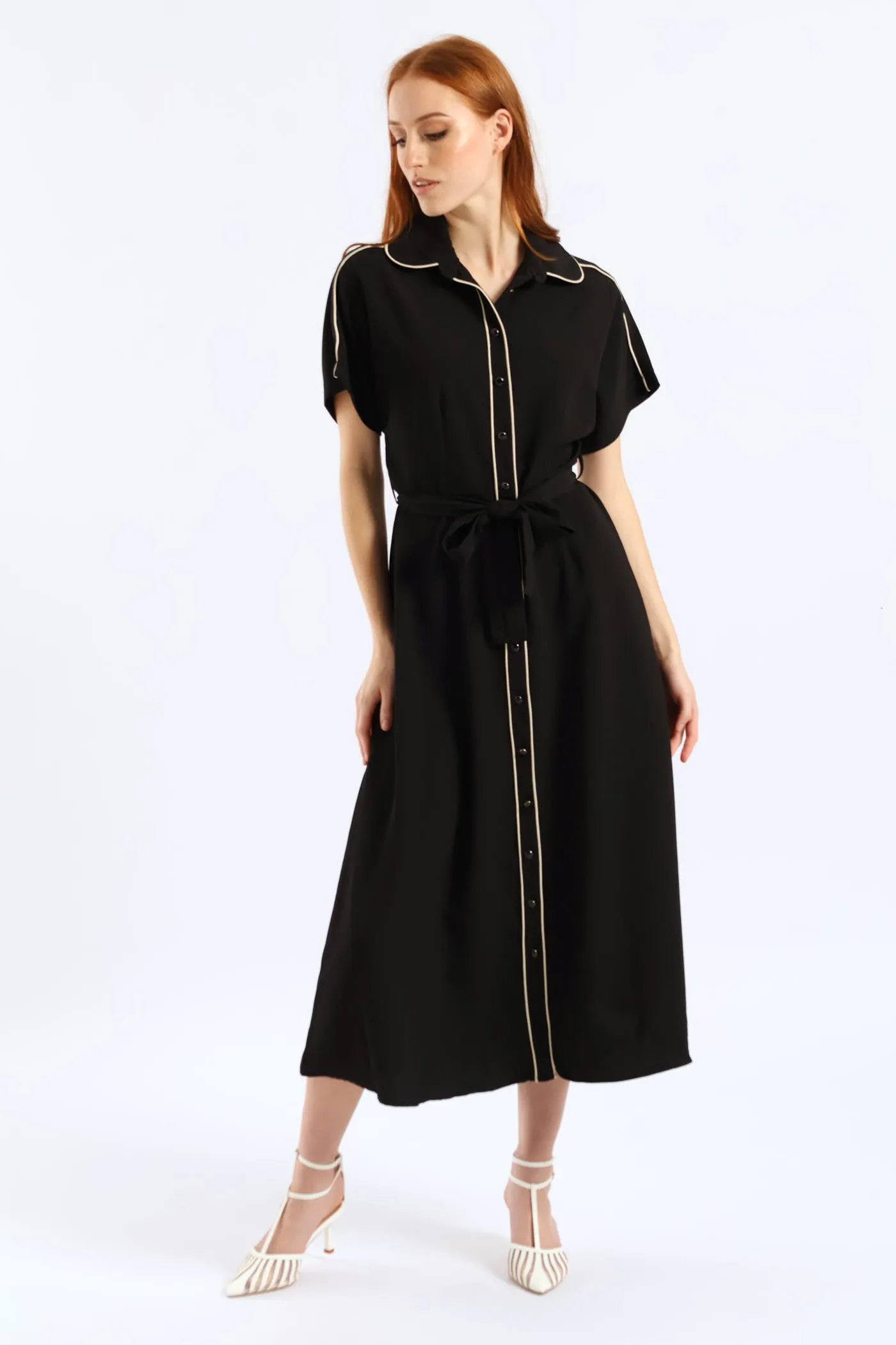 Belted Contrast Tipped Shirt Dress - Black/Cream sold by Edgars