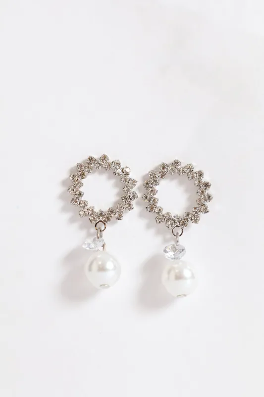 Round Diamante Pearl Bead Drop Earrings - Silver sold by Edgars