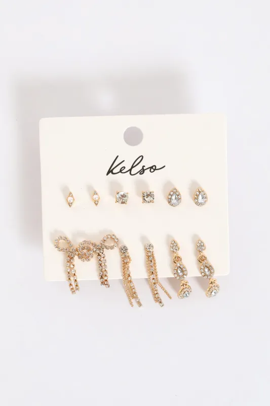 6 Pack Diamante Bow Drop Earring - Gold sold by Edgars