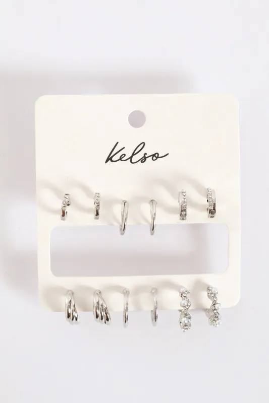 6 Pack Pearl Diamante Small Hoop Earring - Silver sold by Edgars
