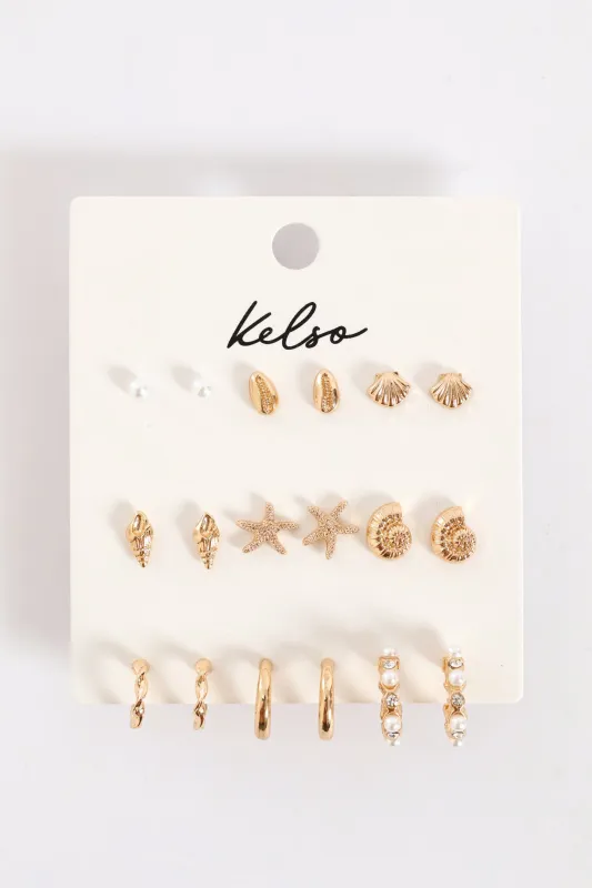 9 Pack Shell Studs & Hoop Earrings - Gold sold by Edgars