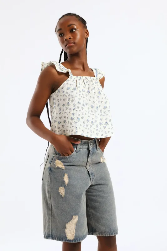 Girls Micro Floral Frill Strap Flare Top - White sold by Edgars