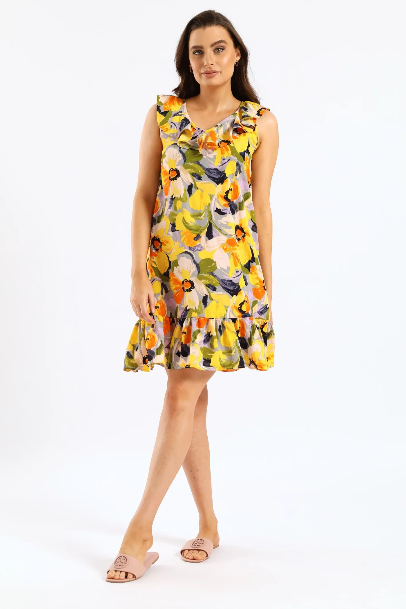 V-Neck Frill Hem Printed Mini Dress - Multi sold by Edgars