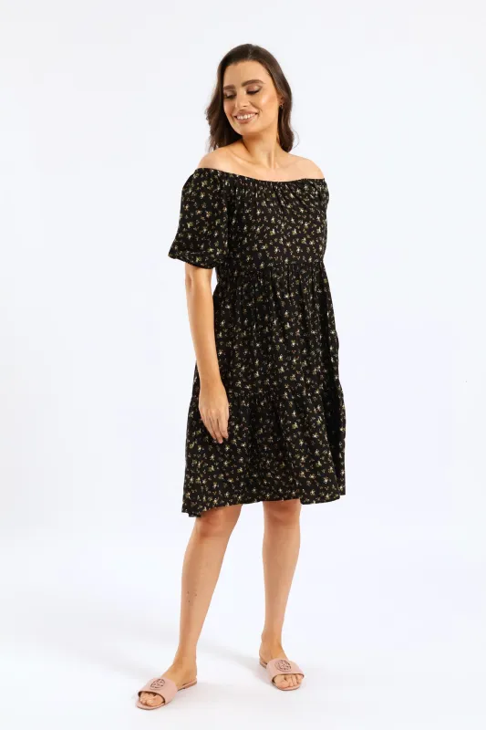 Tiered Print Gypsy Mini Dress - Black sold by Edgars