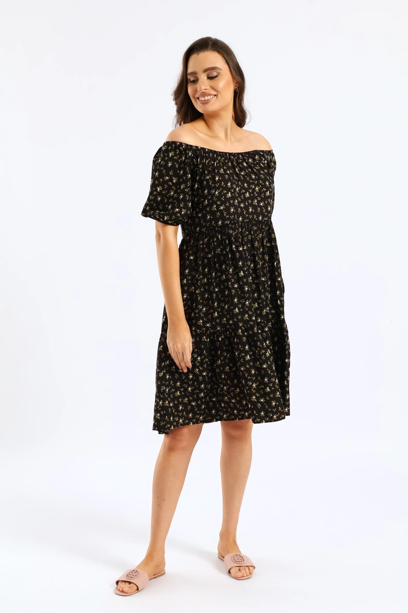 Tiered Print Gypsy Mini Dress - Black sold by Edgars
