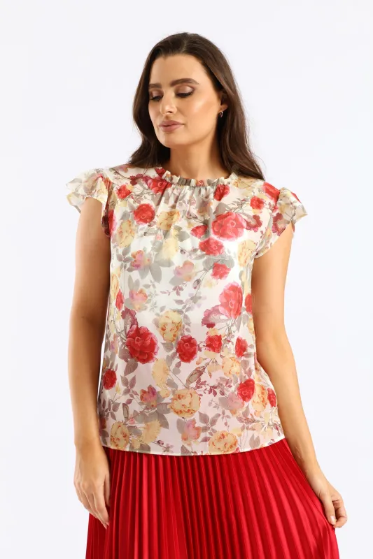 Frill Neck Romantic Floral Blouse - Cream sold by Edgars