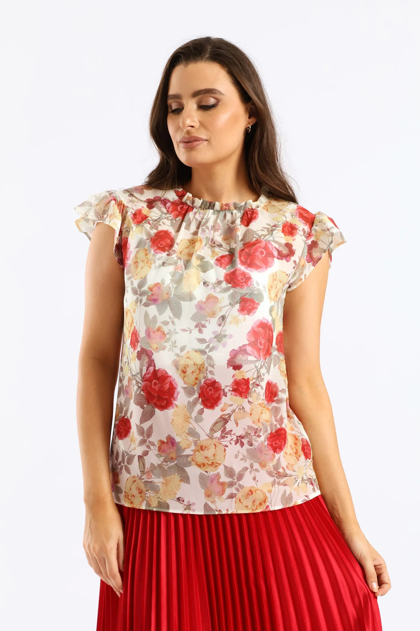 Frill Neck Romantic Floral Blouse - Cream sold by Edgars