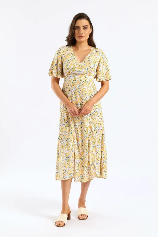 V-Neck Flutter Sleeve Midi Dress - Pastel Yellow sold by Edgars