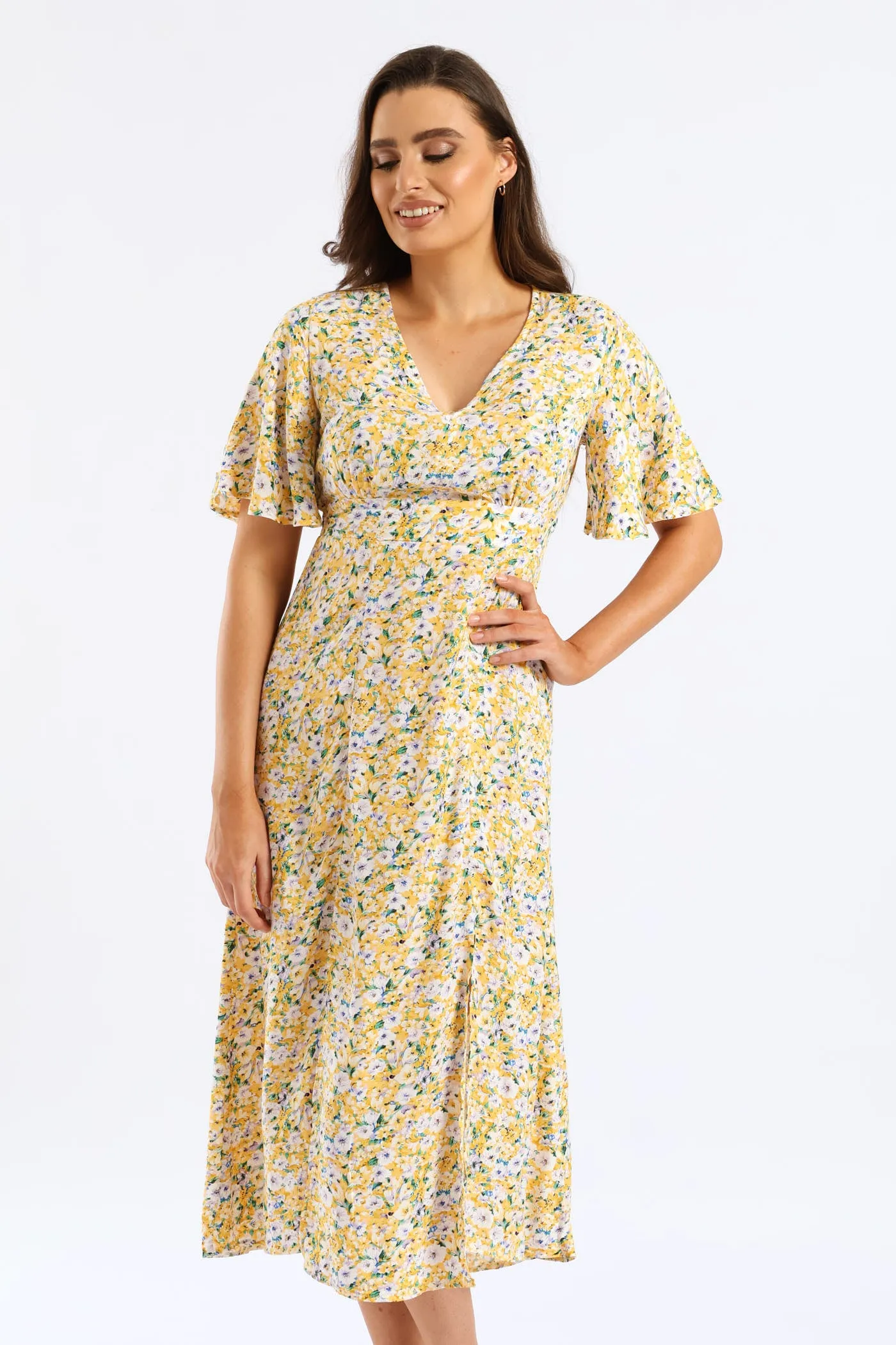 V-Neck Flutter Sleeve Midi Dress - Pastel Yellow sold by Edgars product image thumbnail 3