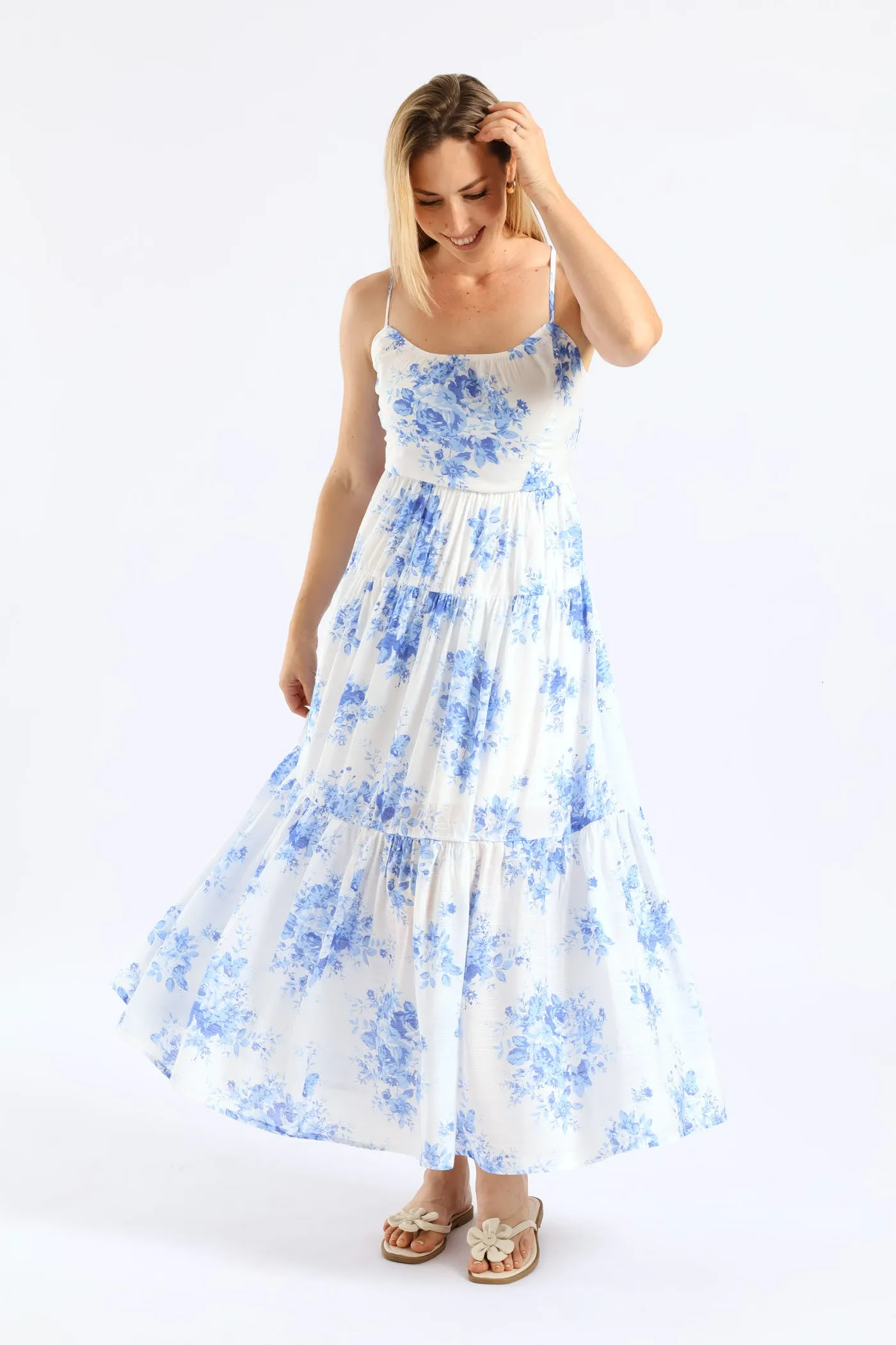 Strappy Peakaboo Back Tiered Maxi Dress - White/Blue sold by Edgars