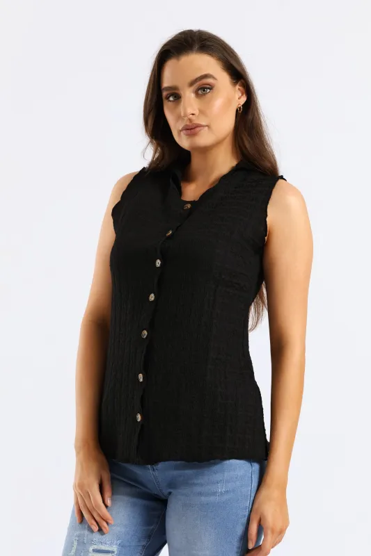 Button Through Crinkle Waistcoat Top - Black sold by Edgars