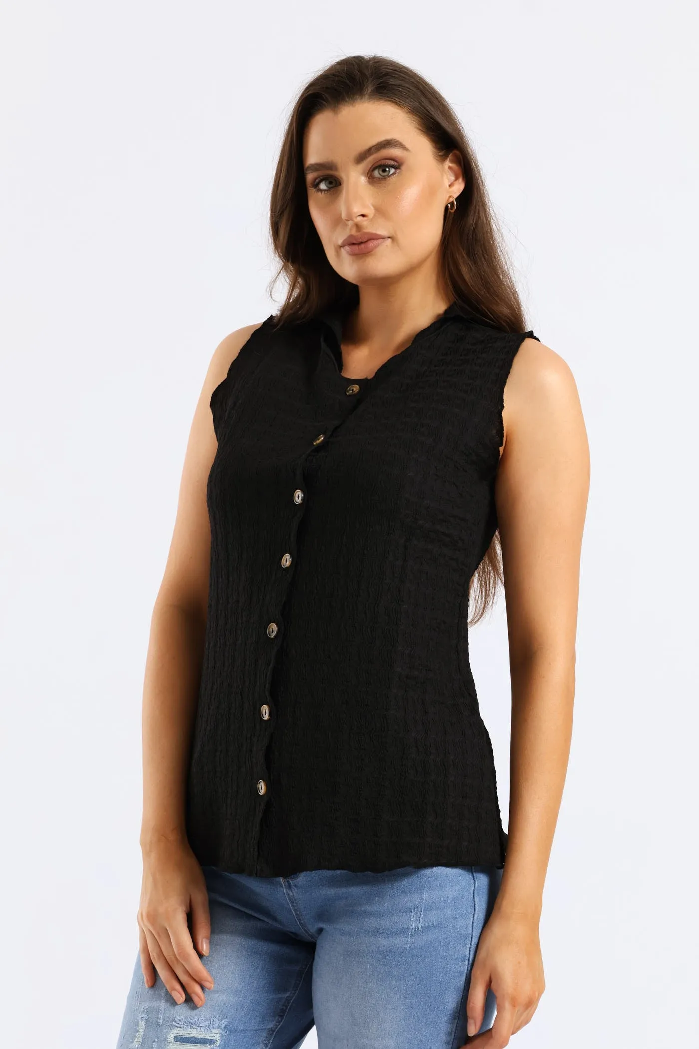 Button Through Crinkle Waistcoat Top - Black sold by Edgars