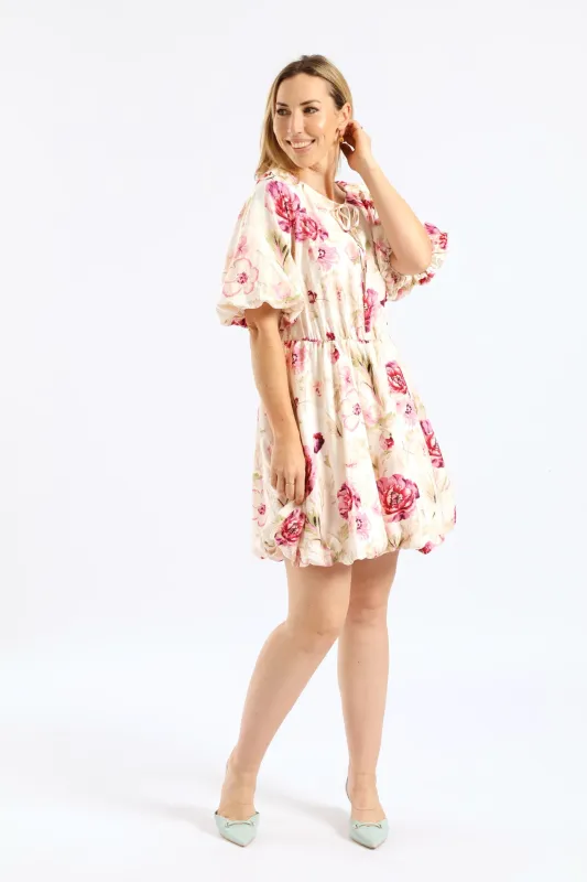 Bubble Sleeve & Hem Tie-Neck Mini Dress - Beige/Pink sold by Edgars