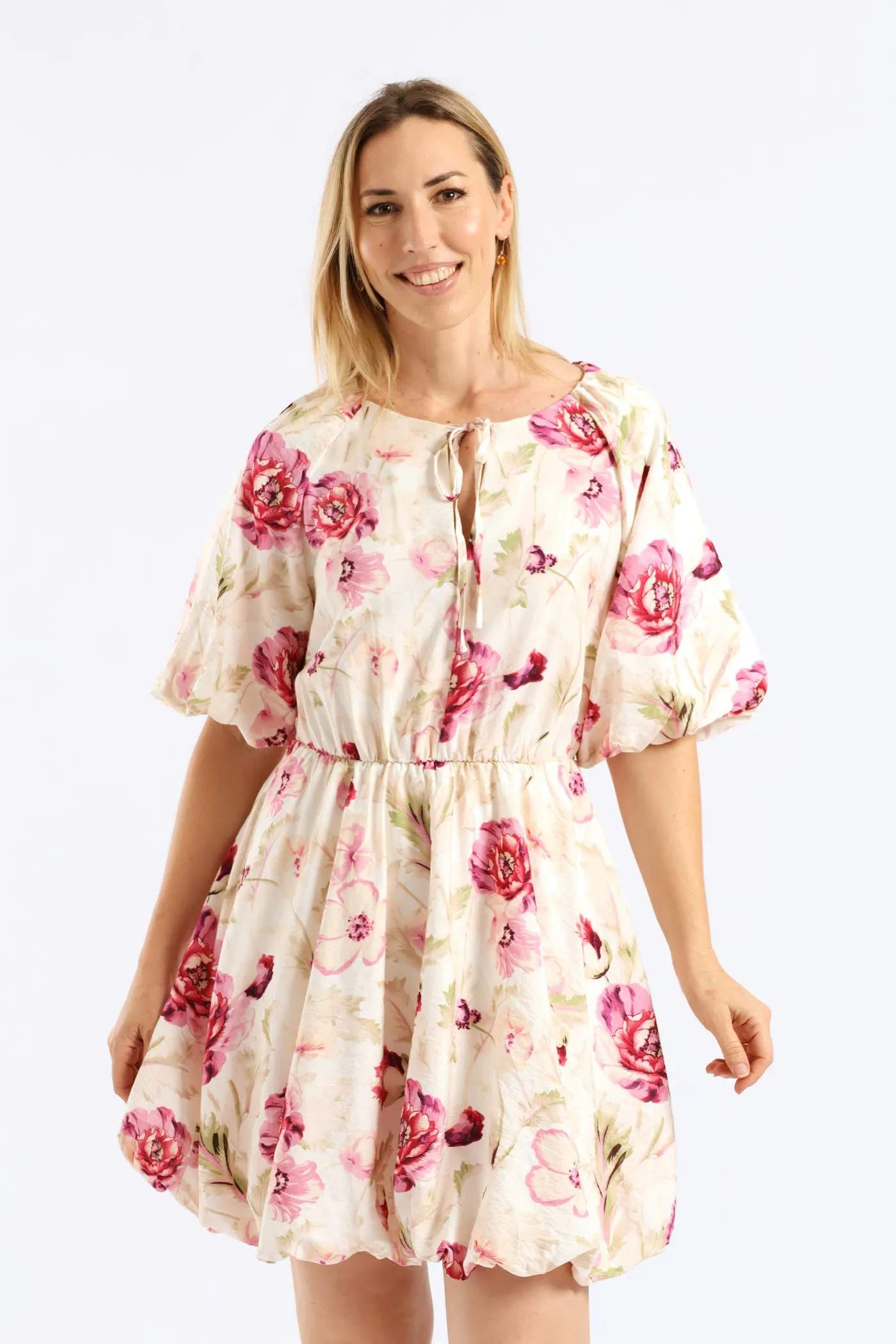 Bubble Sleeve & Hem Tie-Neck Mini Dress - Beige/Pink sold by Edgars product image thumbnail 4