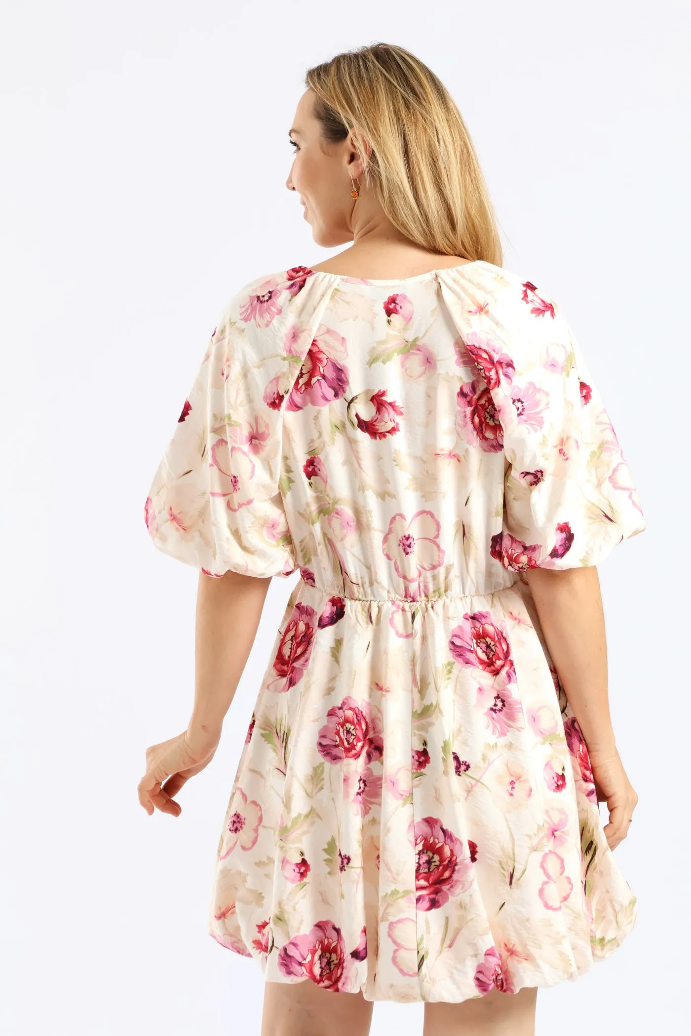 Bubble Sleeve & Hem Tie-Neck Mini Dress - Beige/Pink sold by Edgars product image thumbnail 3