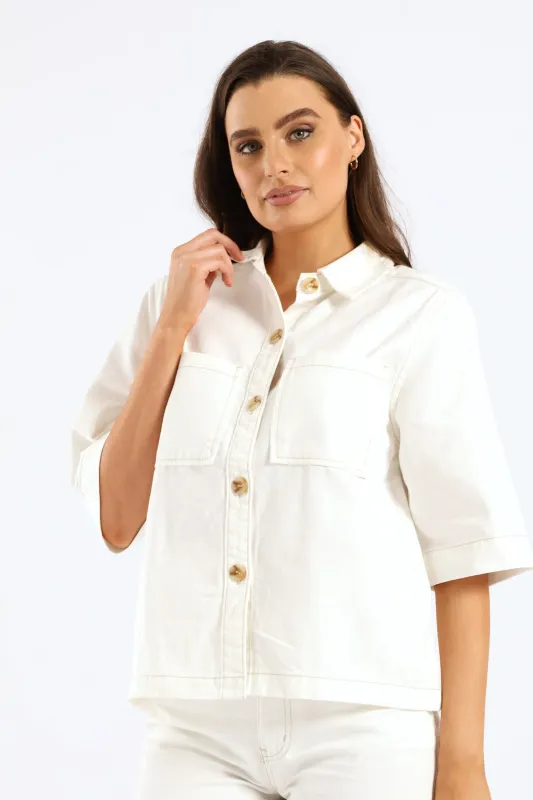 3/4 Sleeve Curved Hem Denim Shirt - White sold by Edgars
