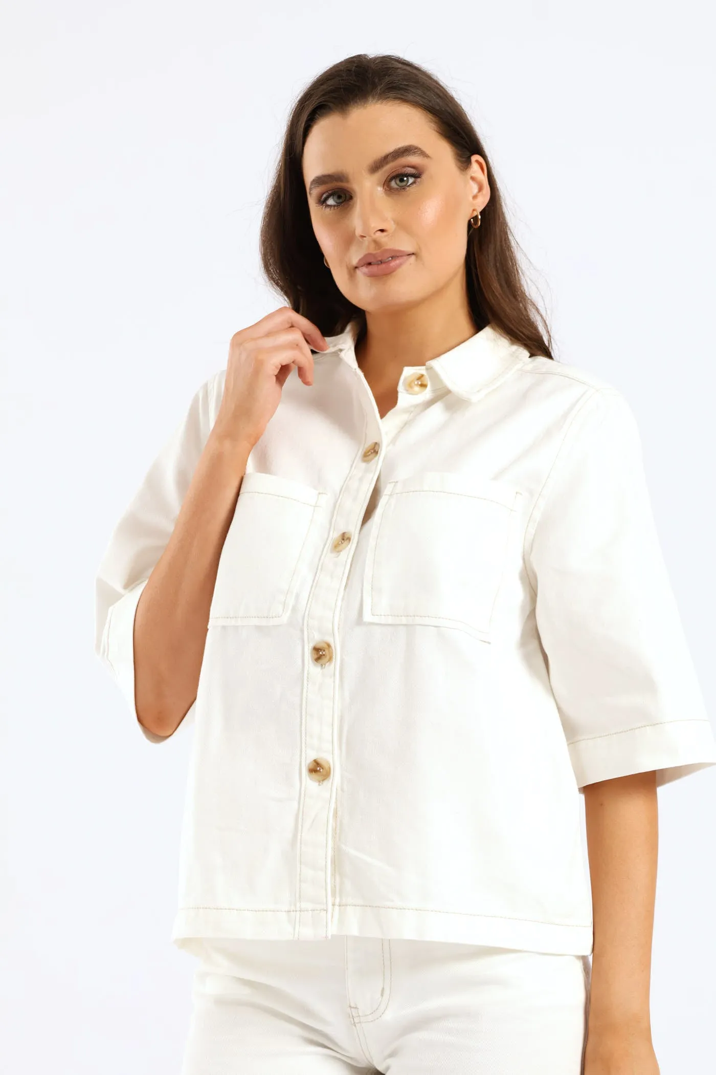 3/4 Sleeve Curved Hem Denim Shirt - White sold by Edgars
