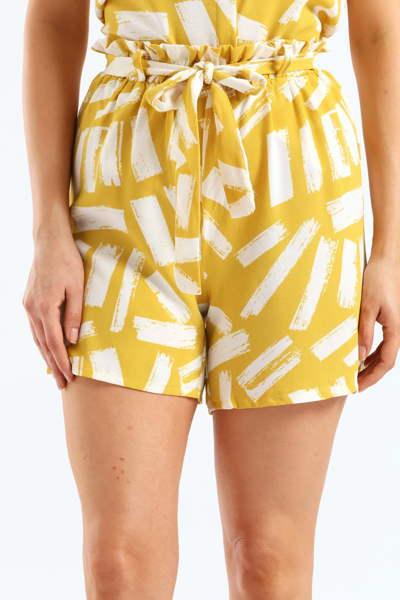 Belted Elasicated Mid Thigh Flat Toggle Shorts - White/Ochre sold by Edgars