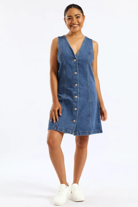 Button Through Denim Mini Dress - Salty Mid Wash sold by Edgars