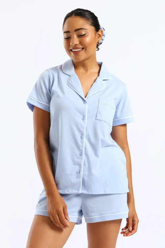 Button Through Knit Short Set - Blue sold by Edgars