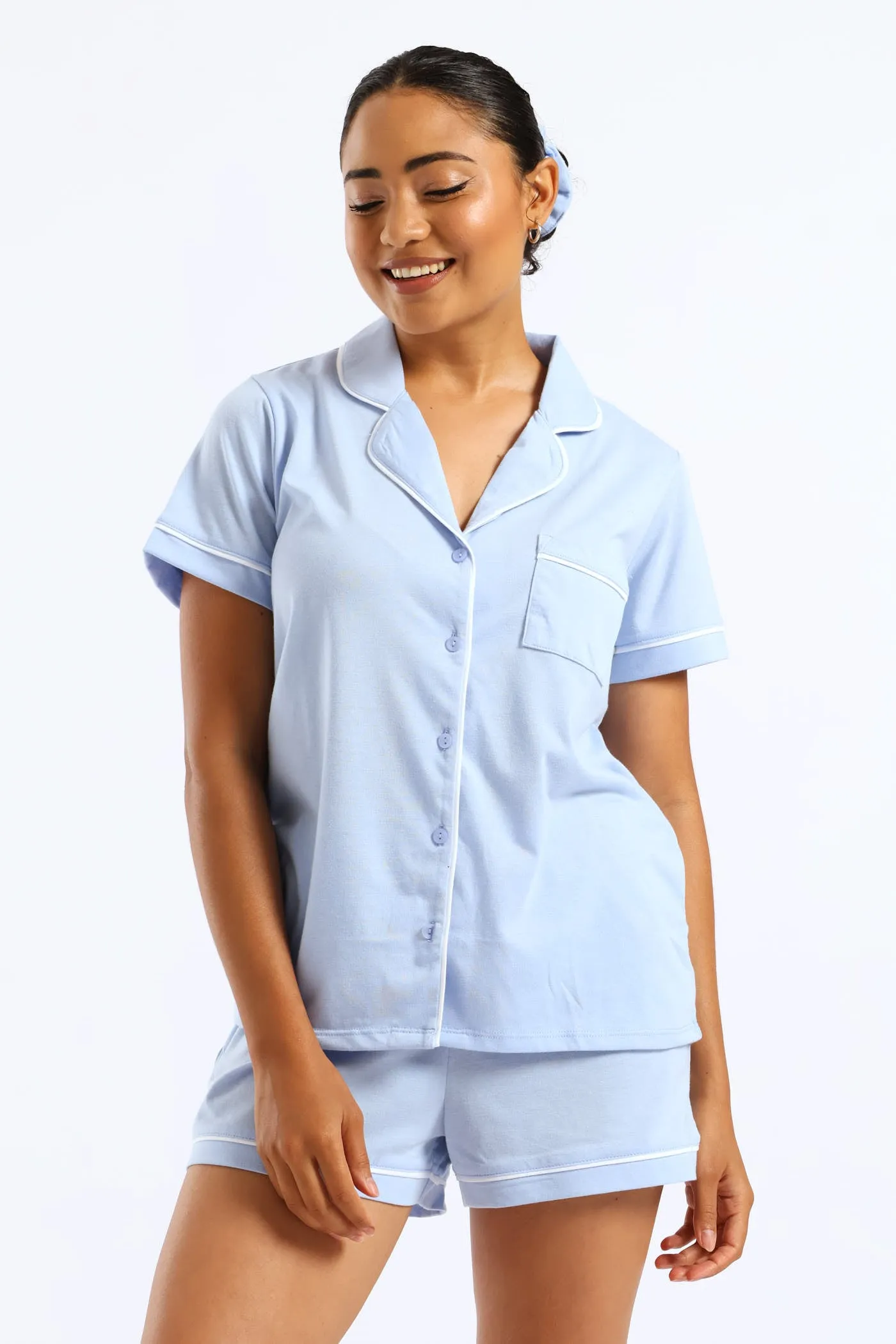 Button Through Knit Short Set - Blue sold by Edgars