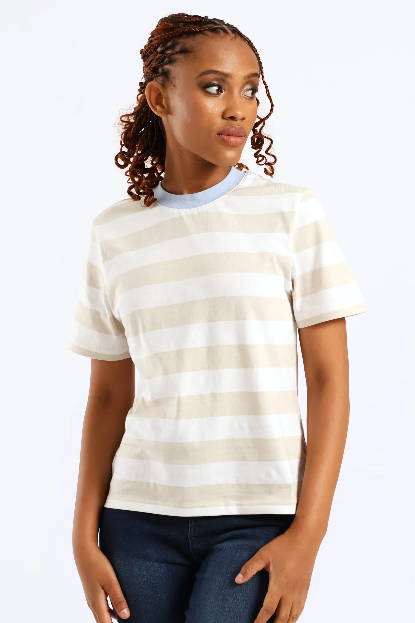 Wide Stripe Contrast Rib Neck Boxy Tee - Stone/White sold by Edgars