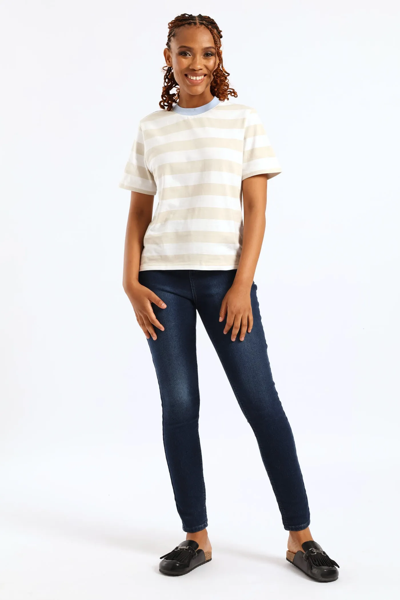 Wide Stripe Contrast Rib Neck Boxy Tee - Stone/White sold by Edgars product image thumbnail 5