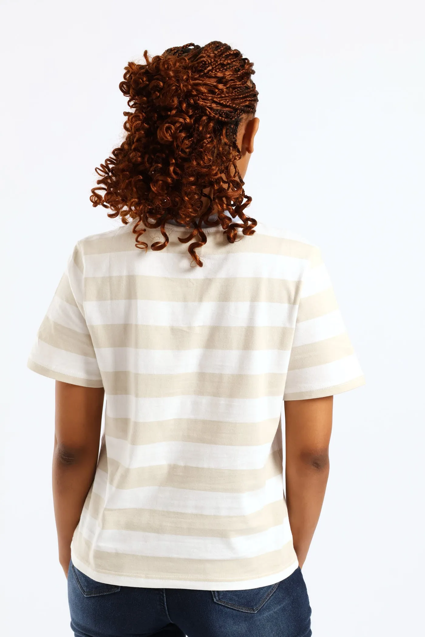 Wide Stripe Contrast Rib Neck Boxy Tee - Stone/White sold by Edgars product image thumbnail 2