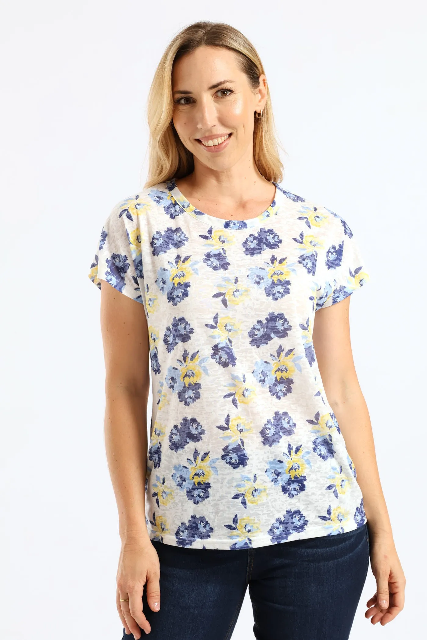 Floral Watercolour Burnout T-Shirt - Yellow/Blue sold by Edgars