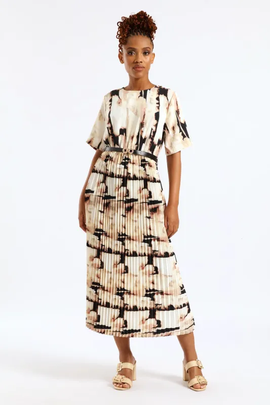 Belted Pleated Maxi Dress - Rose/Cream sold by Edgars