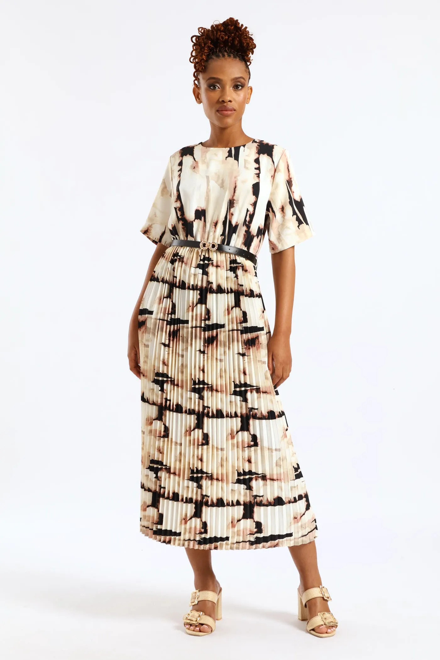 Belted Pleated Maxi Dress - Rose/Cream sold by Edgars