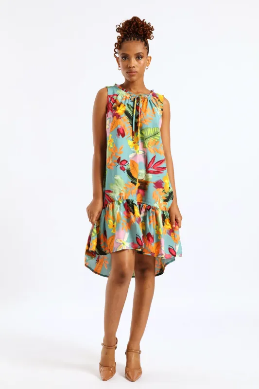 Frill Neck Printed Drop Hem Dress - Aqua sold by Edgars