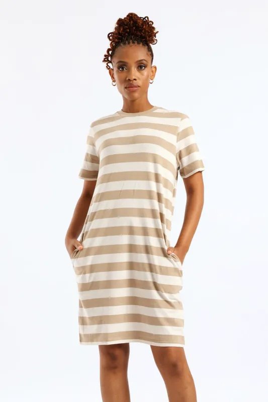 Crew Neck Stripe T-Shirt Dress - Beige/Mocha sold by Edgars