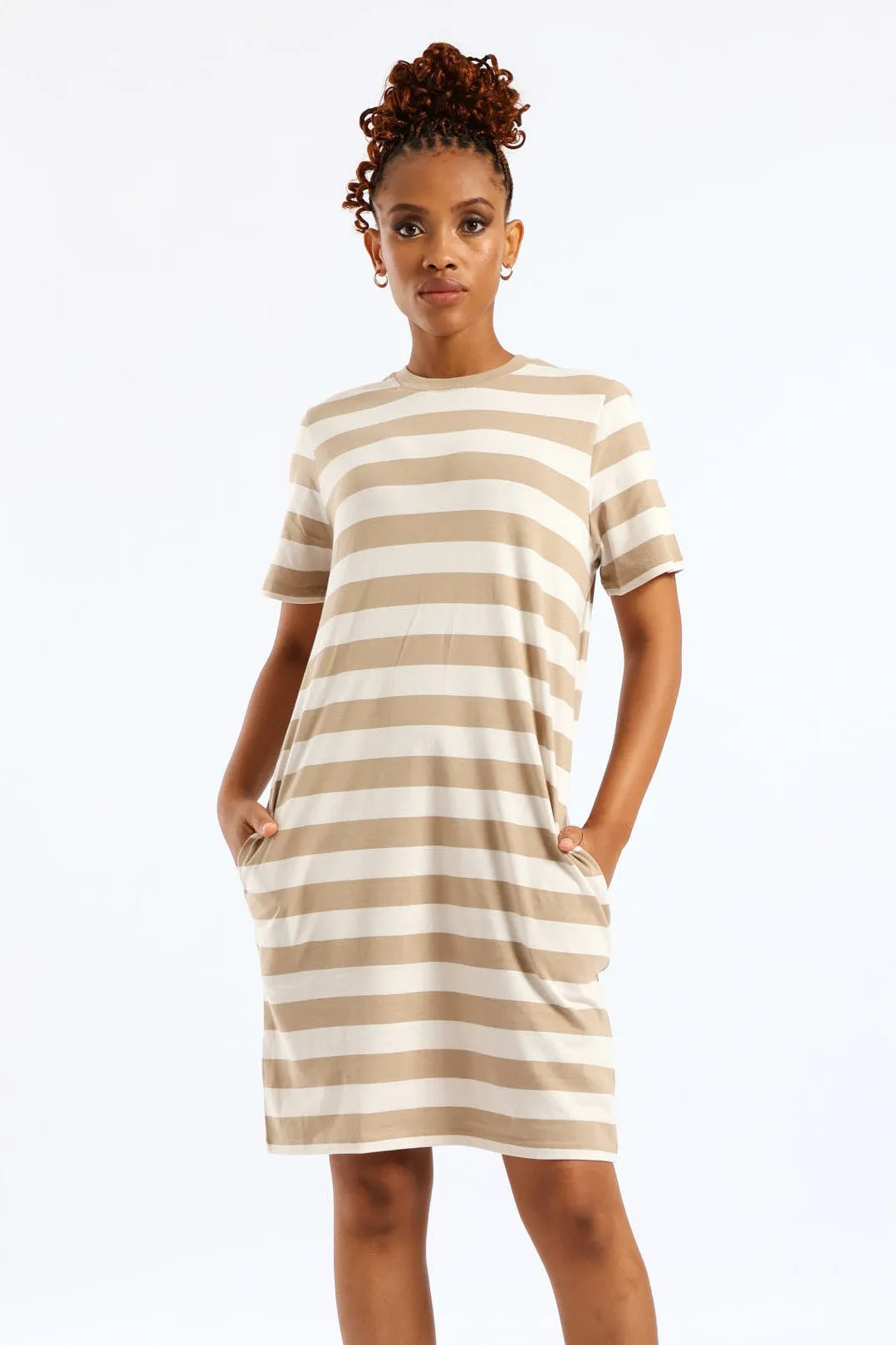 Crew Neck Stripe T-Shirt Dress - Beige/Mocha sold by Edgars