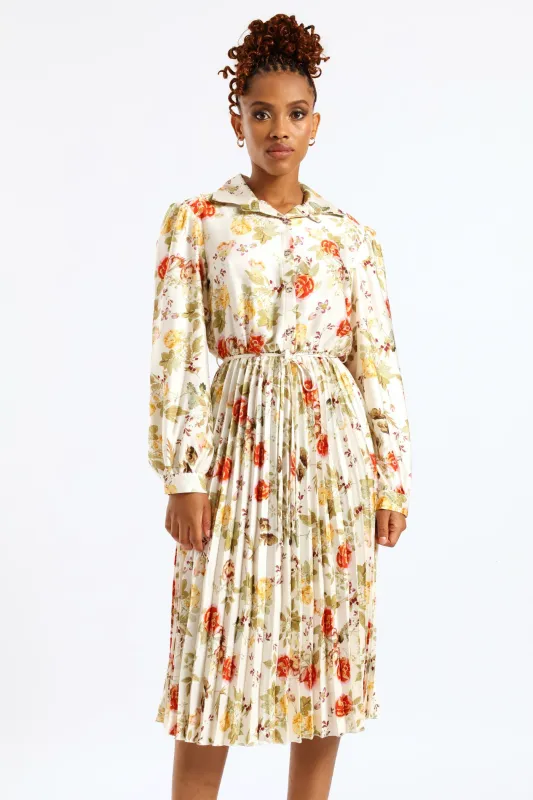 Floral Pleated Satin Maxi Dress - Cream sold by Edgars