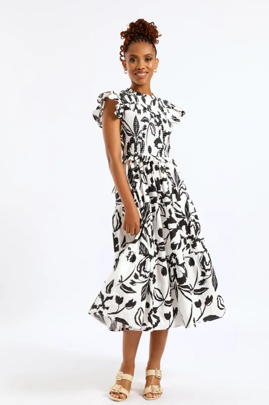 Frill Neck Shirred Bodice Tiered Tie-Back Midaxi Dress - White/Black sold by Edgars