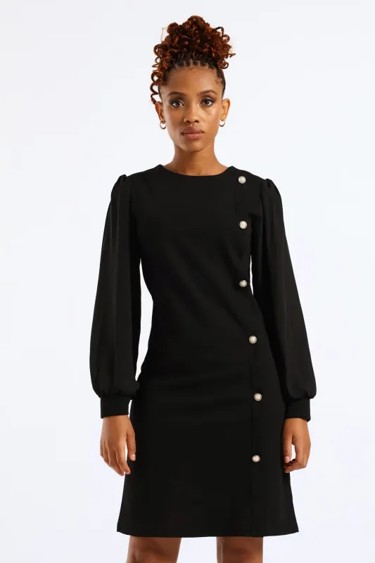 Side Button Through Knitwear Combo Dress - Black sold by Edgars