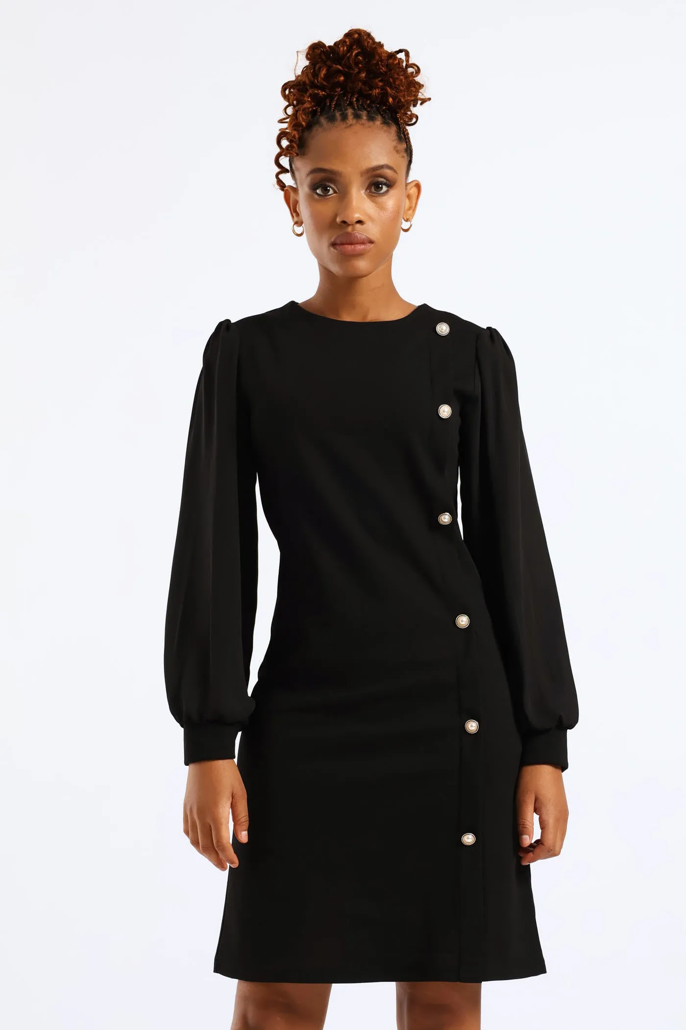 Side Button Through Knitwear Combo Dress - Black sold by Edgars
