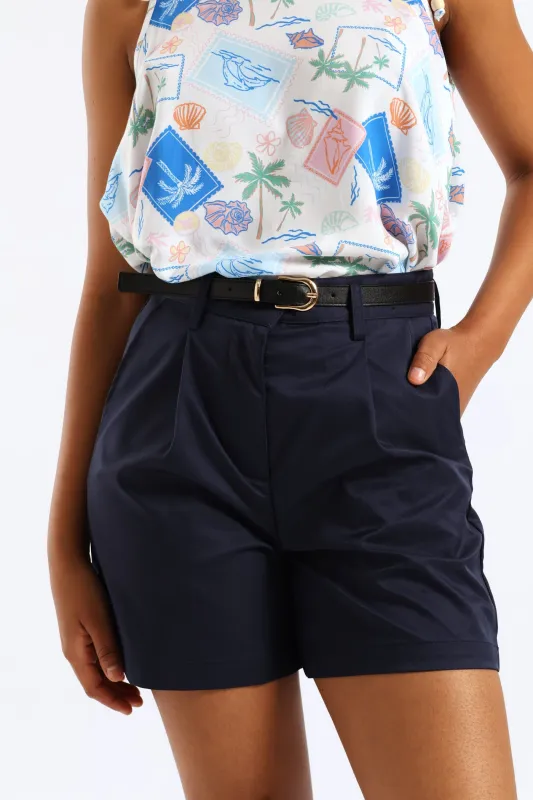 Belted Stretch Sateen Mid Thigh Chino Short - Navy sold by Edgars