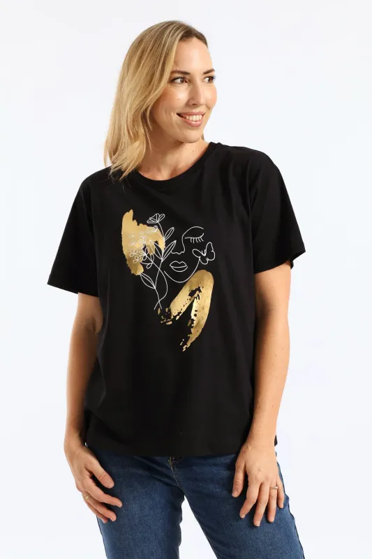 Outline Floral Foil Face Tee - Black sold by Edgars