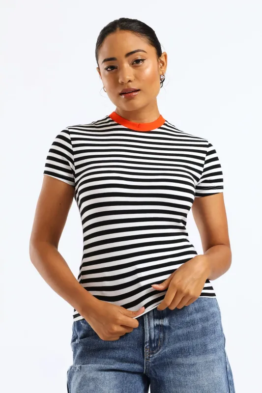 Contrast Neckline Stripe Tee - Black/White sold by Edgars