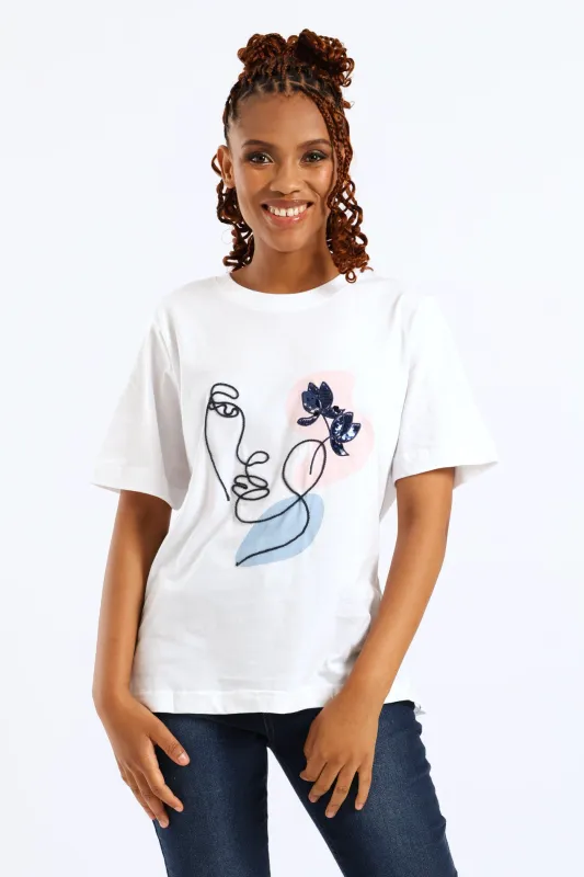 Sequin Cornelli Face Cotton Rib Neck Boxy Tee - White sold by Edgars