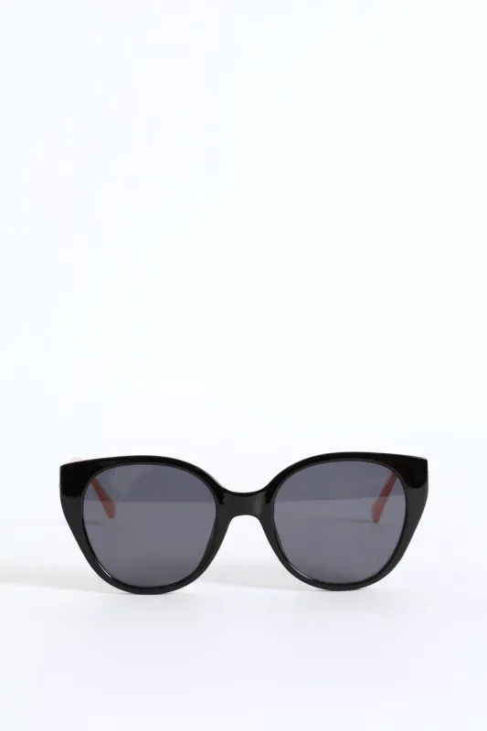 Smoke Lense Rounded Cateye Temple Sunglasses - Black sold by Edgars