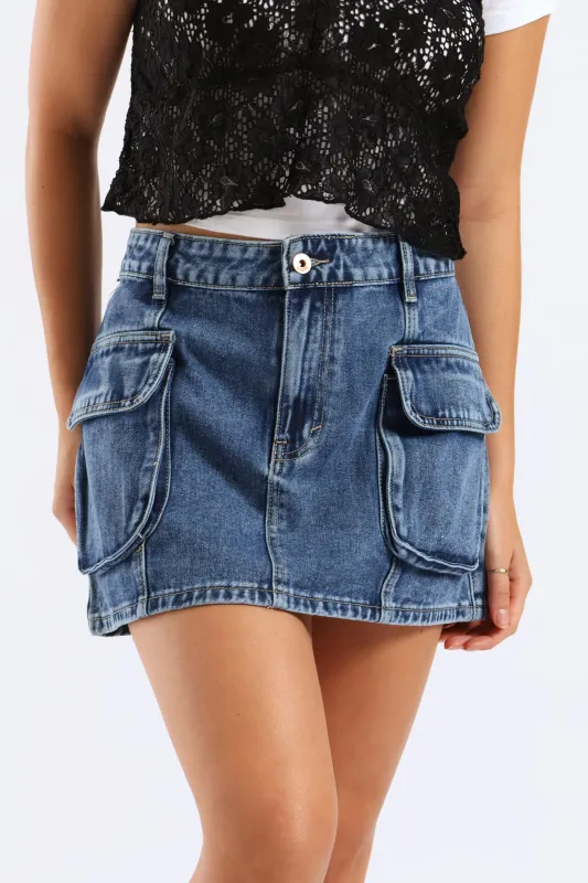 Cargo Panel Denim Mini Skirt - Salty Dark Wash sold by Edgars