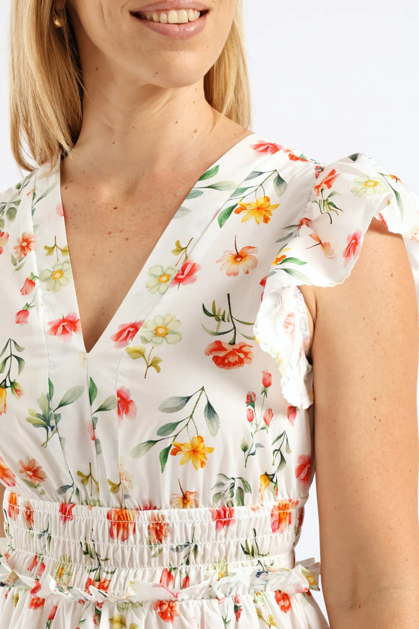 V-Neck Shirred Bodice Frilly Fit & Flare Mini Dress - White/Blush sold by Edgars product image thumbnail 2