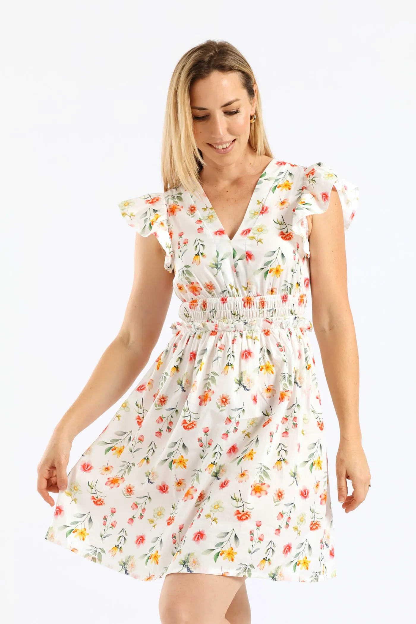 V-Neck Shirred Bodice Frilly Fit & Flare Mini Dress - White/Blush sold by Edgars product image thumbnail 3