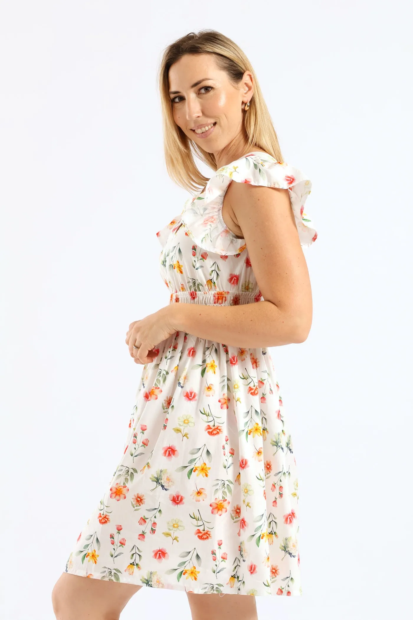 V-Neck Shirred Bodice Frilly Fit & Flare Mini Dress - White/Blush sold by Edgars product image thumbnail 4