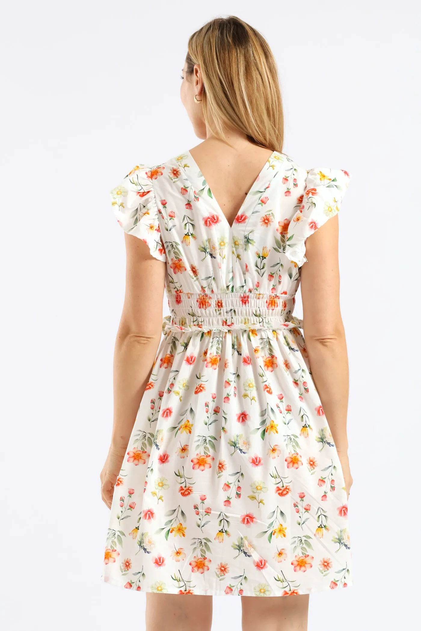 V-Neck Shirred Bodice Frilly Fit & Flare Mini Dress - White/Blush sold by Edgars product image thumbnail 5