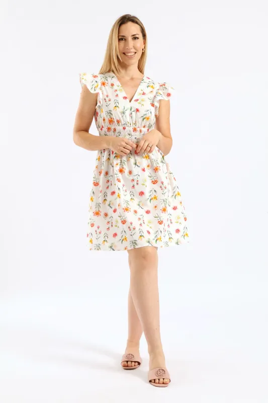 V-Neck Shirred Bodice Frilly Fit & Flare Mini Dress - White/Blush sold by Edgars