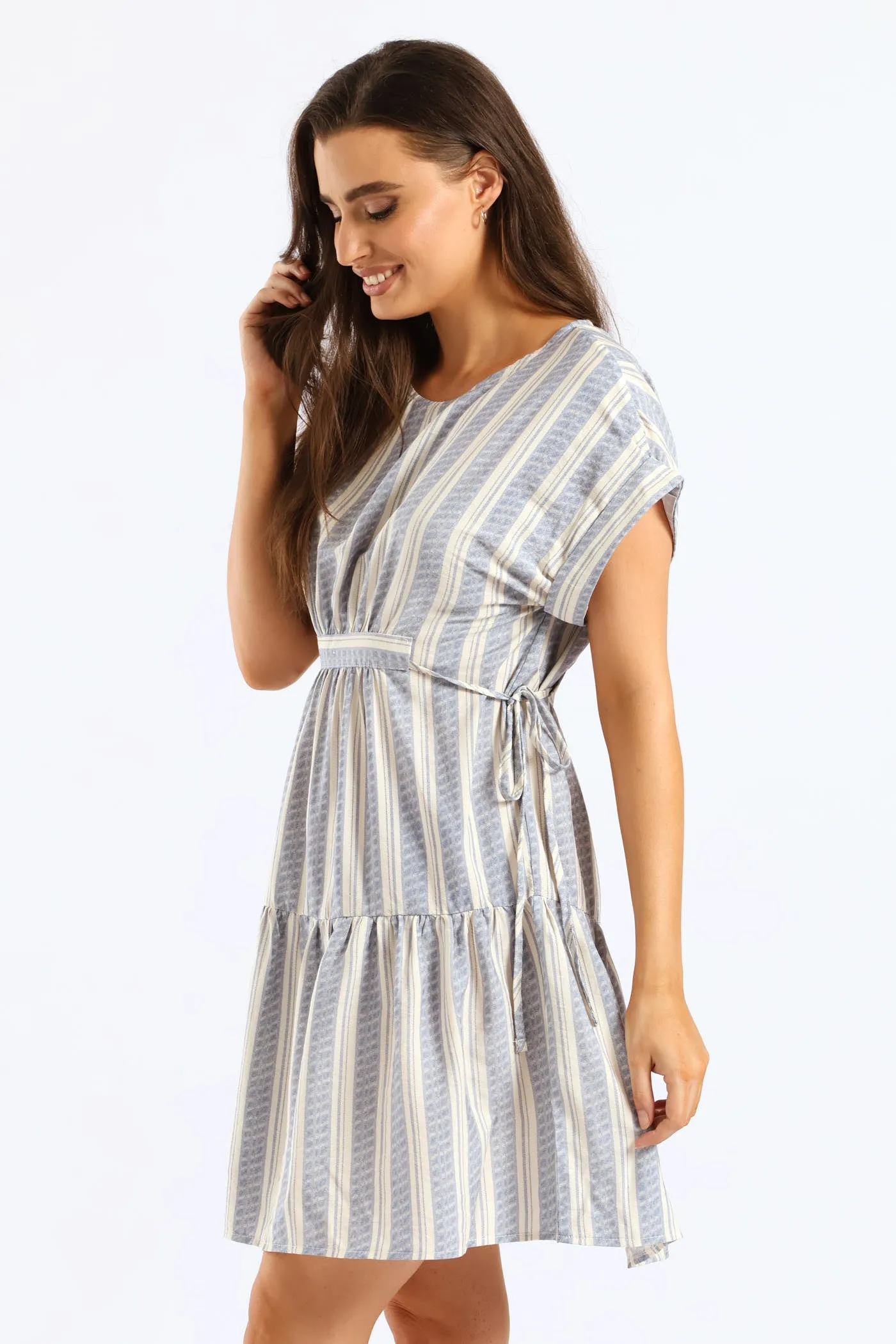 Turnup Sleeve Drawstring Waist Tiered Mini Dress - Cream/Blue sold by Edgars product image thumbnail 5